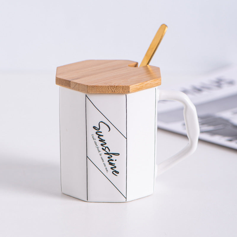 Octagonal Nordic Ins Style Ceramic Cup With Lid Home Office High-End Couple Water Cup