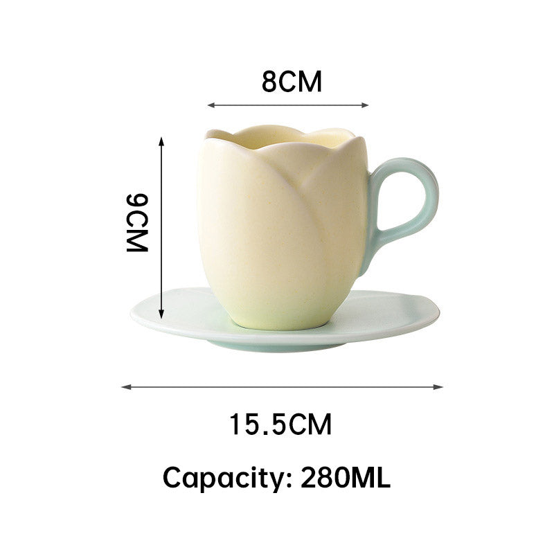 Ins Vintage Tulip Coffee Cup High Ceramic Cup and Plate Set Creative and Exquisite Flower Mark Cup European Coffee Cup and Plate Set