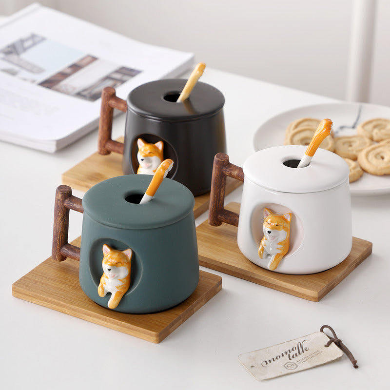 Creative Ceramic Personality Cute Mug With Lid Spoon Home Couple Men And Women Coffee Cup Shiba Inu Cup