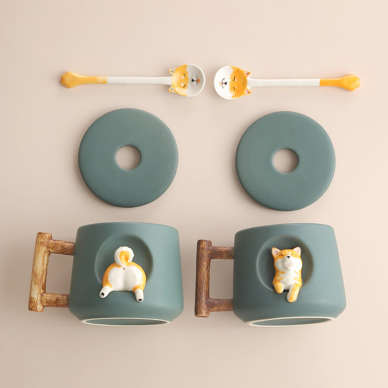 Creative Ceramic Personality Cute Mug With Lid Spoon Home Couple Men And Women Coffee Cup Shiba Inu Cup