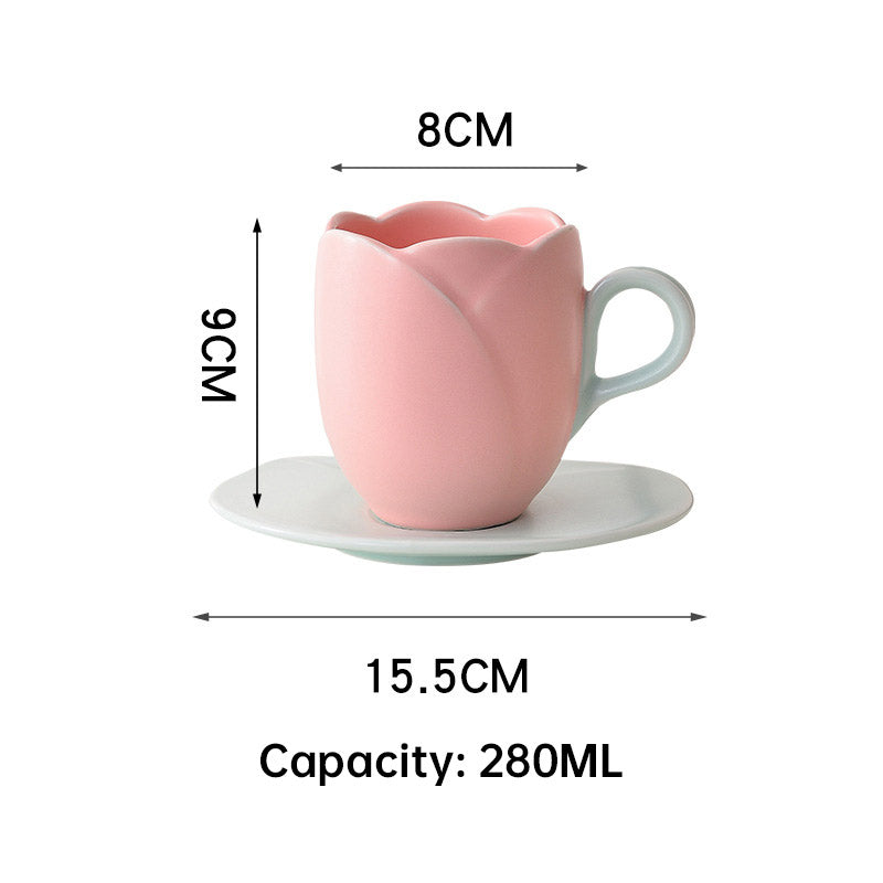 Ins Vintage Tulip Coffee Cup High Ceramic Cup and Plate Set Creative and Exquisite Flower Mark Cup European Coffee Cup and Plate Set