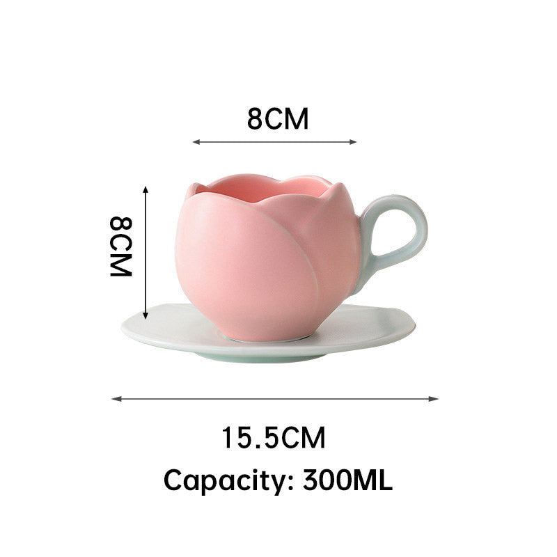 Ins Vintage Tulip Coffee Cup High Ceramic Cup and Plate Set Creative and Exquisite Flower Mark Cup European Coffee Cup and Plate Set