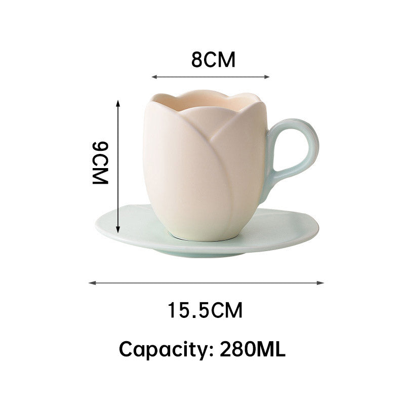 Ins Vintage Tulip Coffee Cup High Ceramic Cup and Plate Set Creative and Exquisite Flower Mark Cup European Coffee Cup and Plate Set