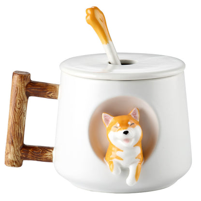Creative Ceramic Personality Cute Mug With Lid Spoon Home Couple Men And Women Coffee Cup Shiba Inu Cup