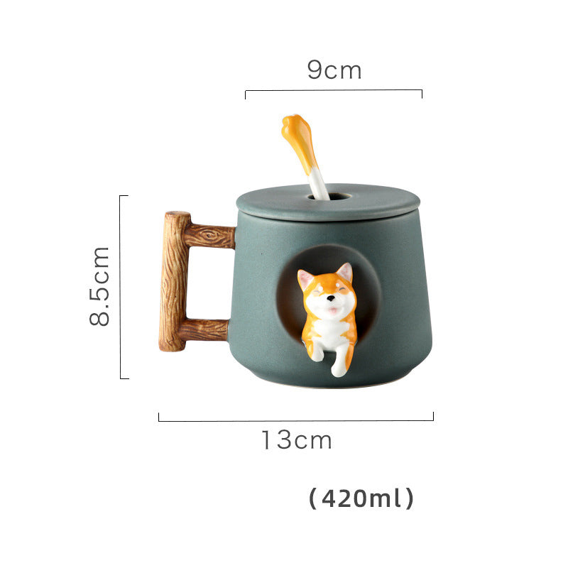 Creative Ceramic Personality Cute Mug With Lid Spoon Home Couple Men And Women Coffee Cup Shiba Inu Cup