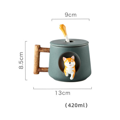 Creative Ceramic Personality Cute Mug With Lid Spoon Home Couple Men And Women Coffee Cup Shiba Inu Cup