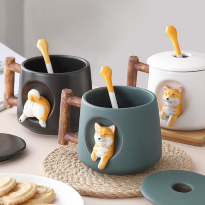 Creative Ceramic Personality Cute Mug With Lid Spoon Home Couple Men And Women Coffee Cup Shiba Inu Cup