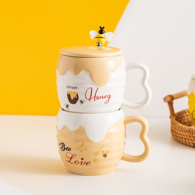 Creative Ceramic Cup With Lid Cartoon Cute Bee Mug Office Coffee Cup Practical Advertising Gift Water Cup